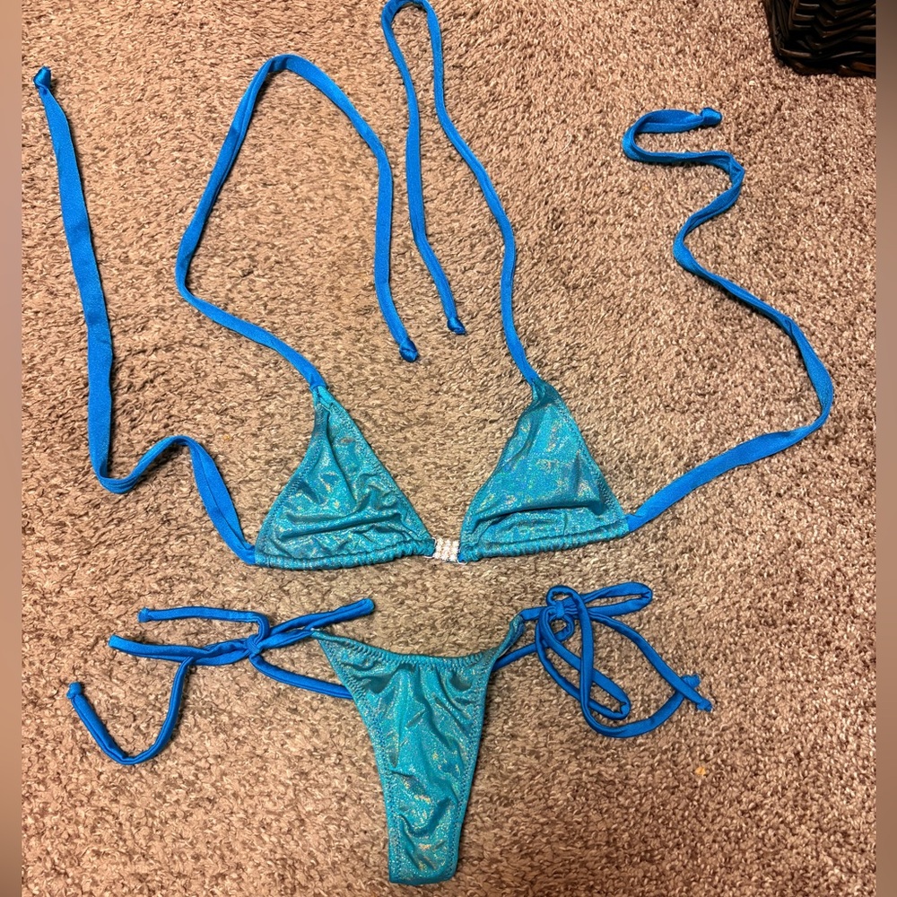 Blue Glitter Bikini Thong Side Tie Turquoise Set with Rhinestones Metallic